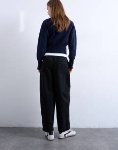 Model wearing Front seam detail balloon twill trouser in black