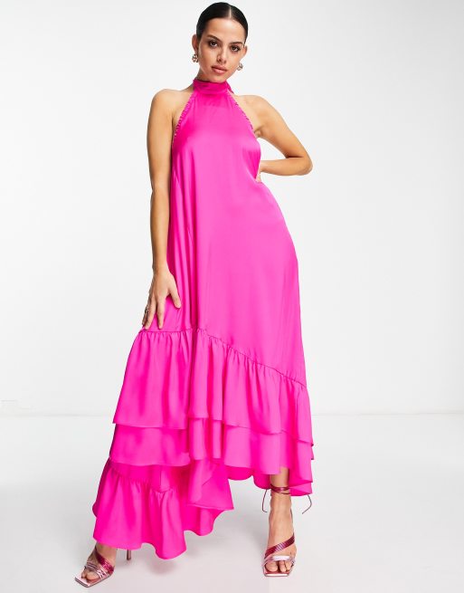 Topshop – Fuchsiarosa midaxiklänning med volanger och halterneck 