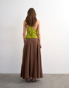 Model wearing Full circle cupro maxi skirt in chocolate