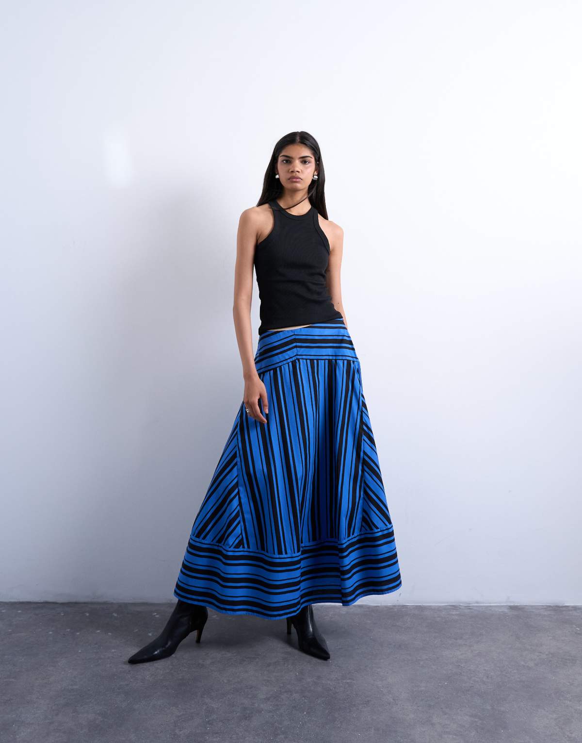 Topshop full circle cut about maxi skirt in blue and black stripe