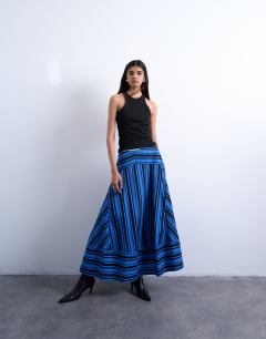 Full circle cut about maxi skirt in blue and black stripe