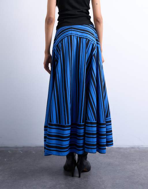Topshop full circle cut about maxi skirt in blue and black stripe, 3 of 5