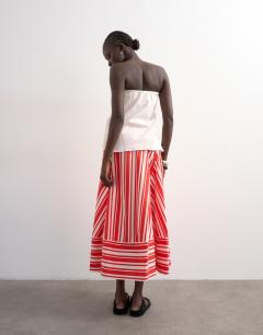 Model wearing Full circle cut about maxi skirt in red and white stripe