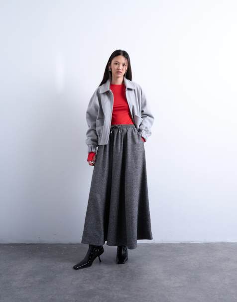 Topshop Full Circle - Grå maxinederdel med bindebånd i taljen og sildebensmønster - view 1