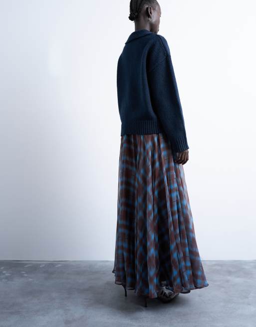 Topshop full circle maxi skirt in blue check, 4 of 5
