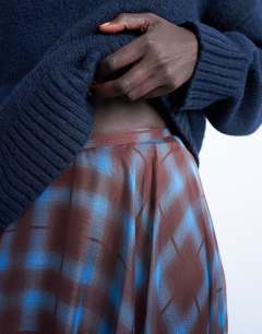 Model wearing Full circle maxi skirt in blue check