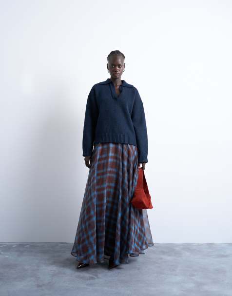 Topshop full circle maxi skirt in blue plaid - view 1