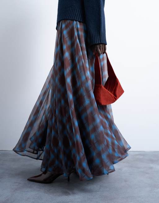 Topshop full circle maxi skirt in blue check