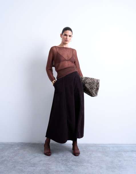 Topshop full circle maxi skirt in choc cord - view 1