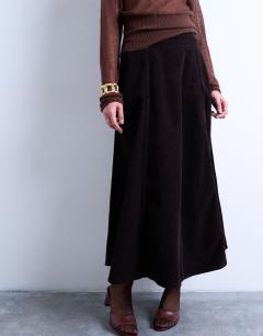 Model wearing Full circle maxi skirt in choc cord