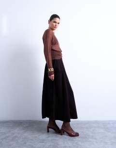 Model wearing Full circle maxi skirt in choc cord