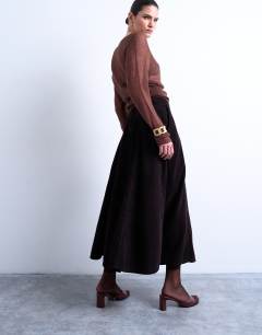 Model wearing Full circle maxi skirt in chocolate cord