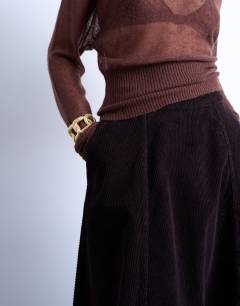 Model wearing Full circle maxi skirt in chocolate cord