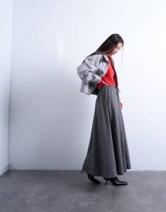 Model wearing Full circle maxi skirt with tie waist in grey herringbone