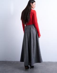 Model wearing Full circle maxi skirt with tie waist in grey herringbone