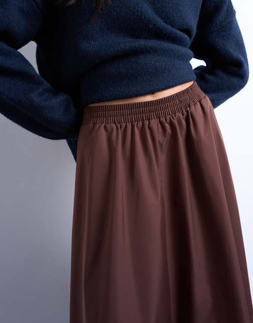 Topshop full circle midi skirt with elasticized waist in chocolate