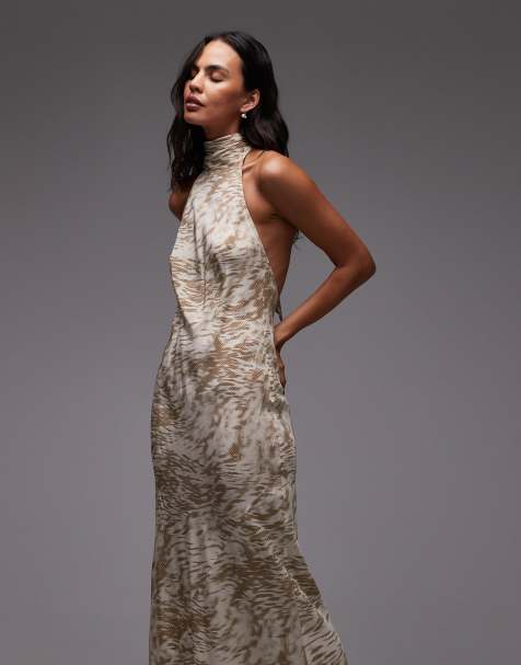 Topshop full neck halter midi dress in beige abstract zebra - view 1