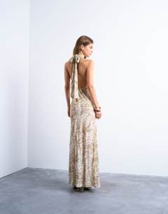 Full neck halter midi dress in beige abstract zebra