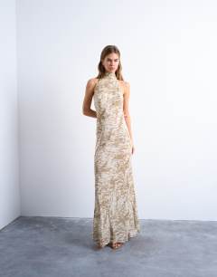 Model wearing Full neck halter midi dress in beige abstract zebra