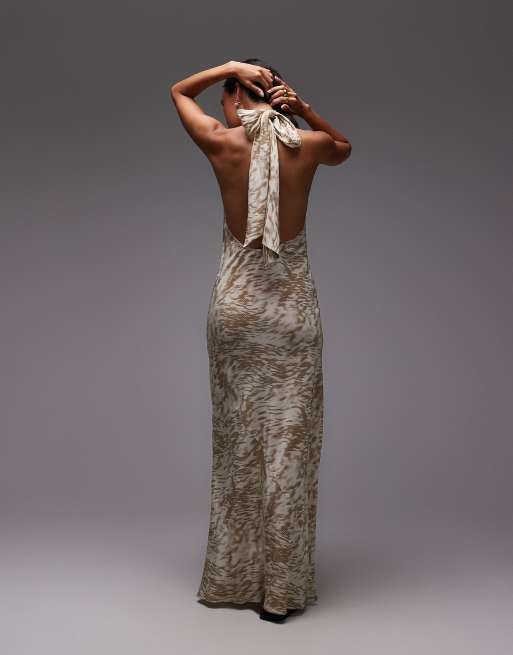 Topshop full neck halter midi dress in beige abstract zebra