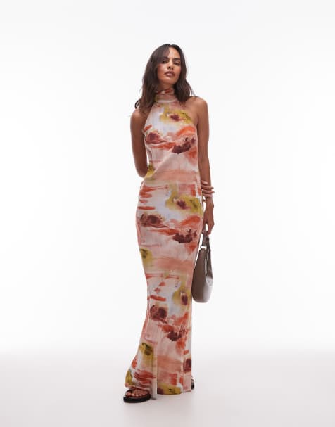 Topshop full neck halter midi dress in bold abstract floral - view 1