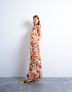 Full neck halter midi dress in bold abstract floral