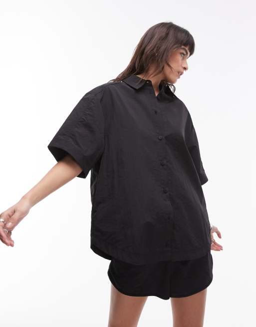 Topshop – Funktionales Hemd in Schwarz mit Dreiviertelärmeln 