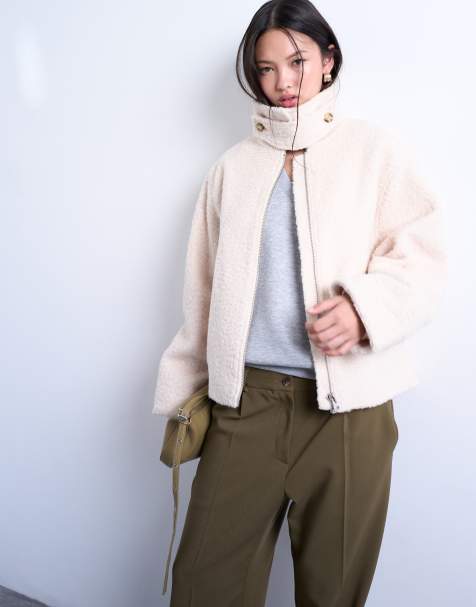 Topshop funnel boucle tab detail bomber in cream - view 1