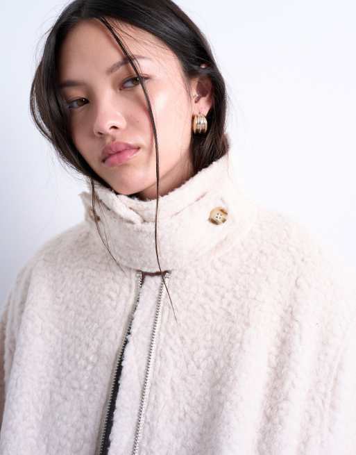 Topshop funnel boucle tab detail bomber in cream, 2 of 4