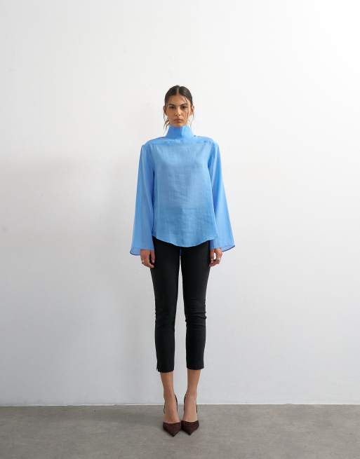 Topshop funnel neck backwards long sleeve shirt in cornflour blue, 3 of 4