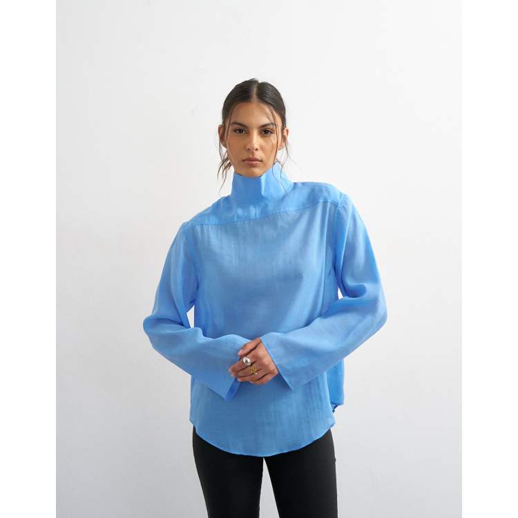 Topshop funnel neck backwards long sleeve shirt in cornflower blue