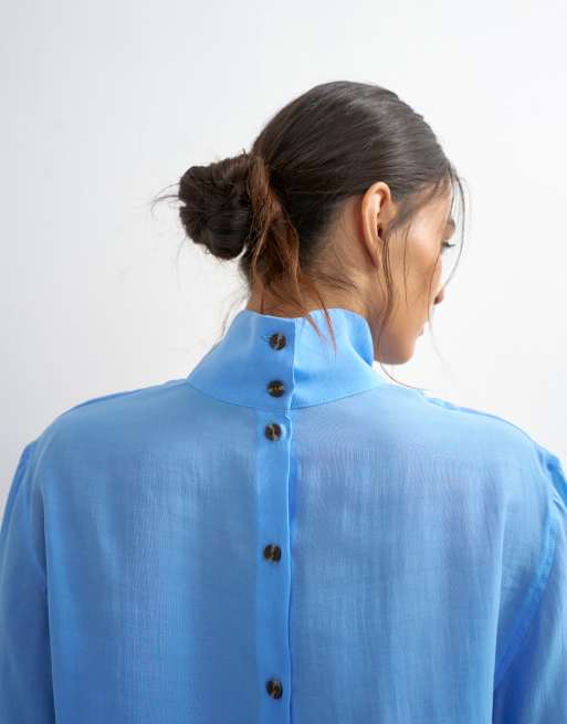 Topshop funnel neck backwards long sleeve shirt in cornflower blue, 2 of 4