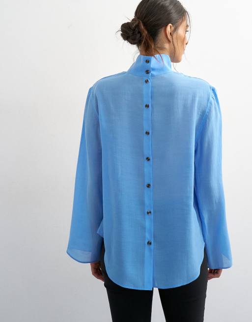Topshop funnel neck backwards long sleeve shirt in cornflower blue, 4 of 4