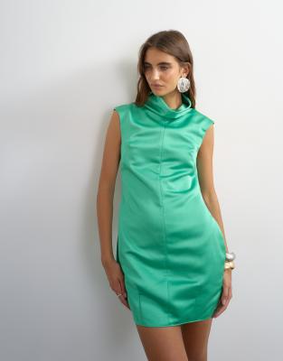 Topshop Funnel Neck Barrel Cut Satin Mini Dress In Green