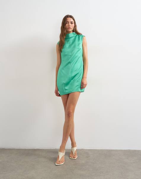 Topshop funnel neck barrel cut satin mini dress in spearmint green - view 1