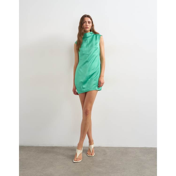 Topshop funnel neck barrel cut satin mini dress in spearmint green | ASOS