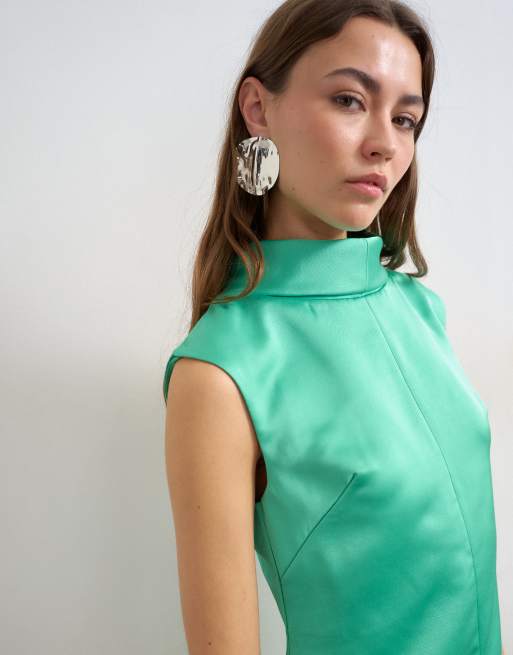 Topshop funnel neck barrel cut satin mini dress in spearmint green | ASOS