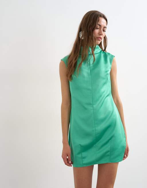 Topshop funnel neck barrel cut satin mini dress in spearmint green | ASOS