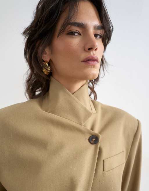 Topshop funnel neck blazer in stone, 2 of 4