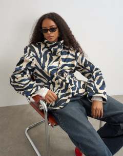 Funnel neck boxy jacket in zebra print