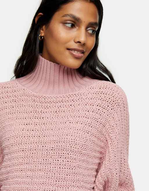 Topshop funnel neck chenille crop jumper in pink | ASOS