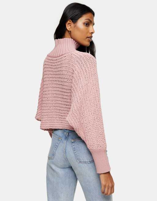 Topshop Funnel Neck Chenille Crop Sweater In Pink