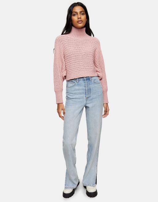 Topshop roll neck cropped sweater in light pink