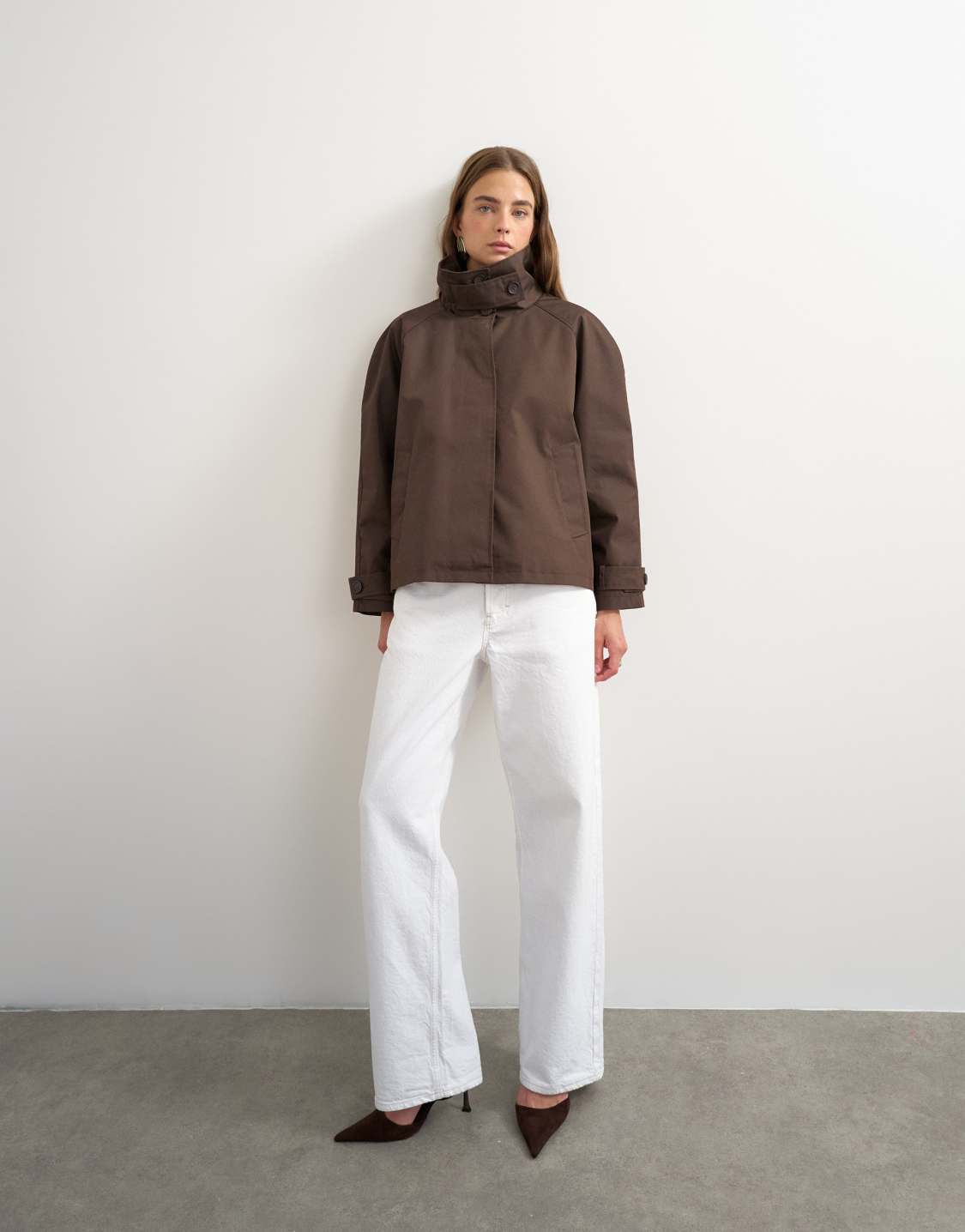 Funnel Neck Cropped Trench Coat in Chocolate