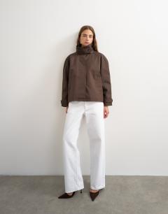 Model wearing Funnel neck cropped trench coat in chocolate