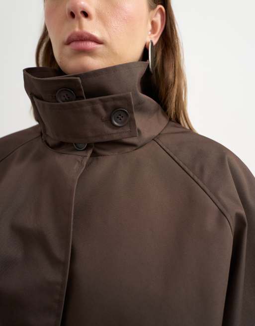 Topshop funnel neck cropped trench coat in chocolate, 3 of 4
