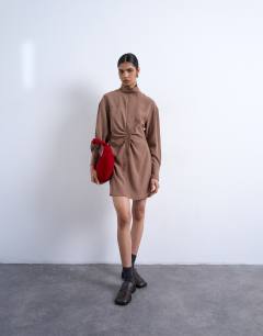 Funnel neck cupro mini dress in chocolate