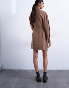 Model wearing Funnel neck cupro mini dress in chocolate