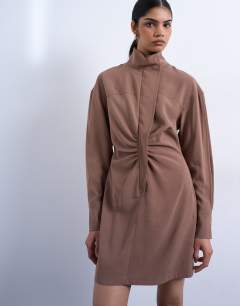 Model wearing Funnel neck cupro mini dress in chocolate