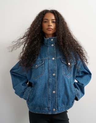 Topshop Funnel Neck Denim Jacket In Blue